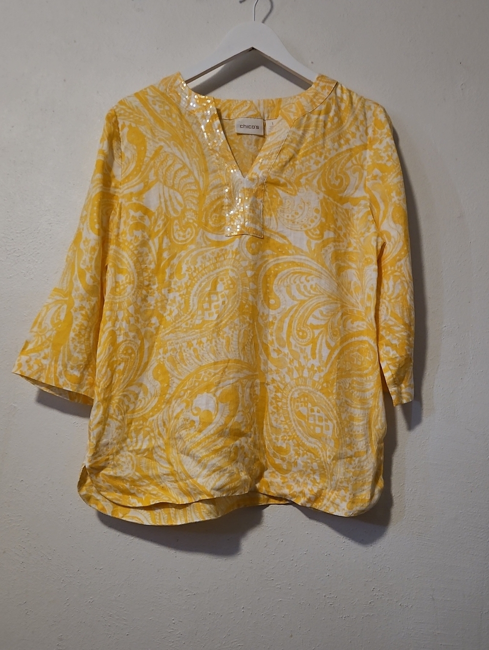 Chico's Yellow Paisley Sequin Trim V-Neck Tunic 1